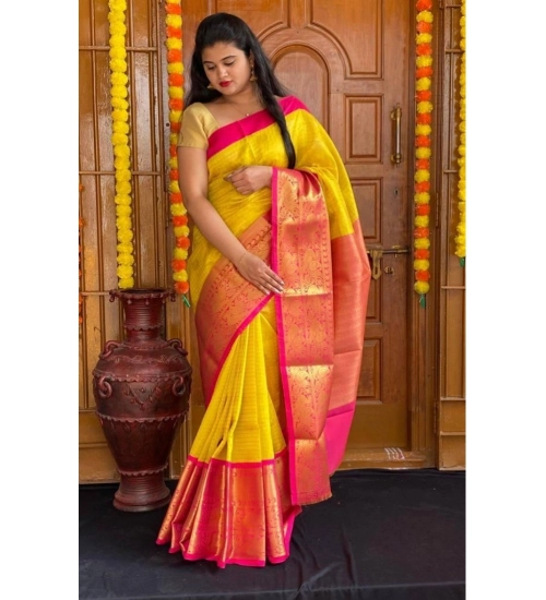 Generic Women's Soft Lichi Silk Printed Saree With Unstitched Blouse 5.5Mtr (Yellow)