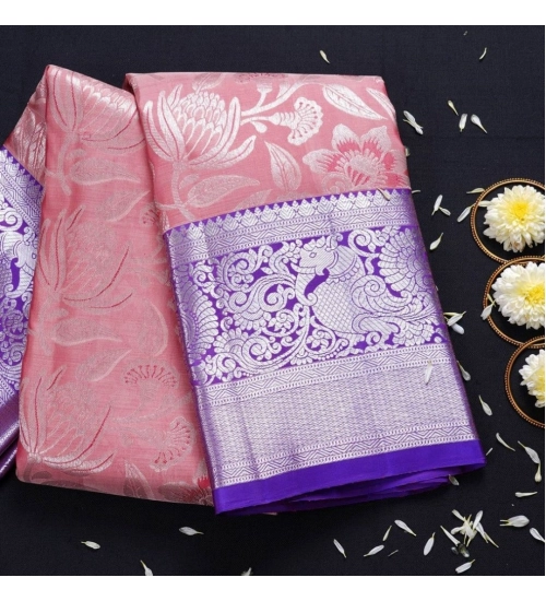 Generic Women's Soft Lichi Silk Printed Saree With Unstitched Blouse 5.5Mtr (Purple)