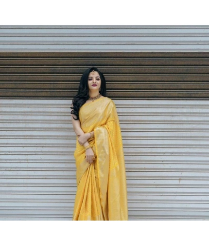 Generic Women's Soft Lichi Silk Printed Saree With Unstitched Blouse 5.5Mtr (Yellow)