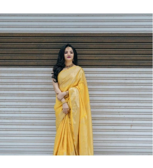 Generic Women's Soft Lichi Silk Printed Saree With Unstitched Blouse 5.5Mtr (Yellow)
