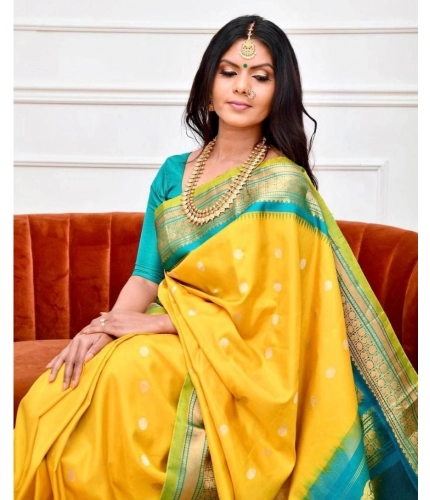 Generic Women's Soft Lichi Silk Printed Saree With Unstitched Blouse 5.5Mtr (Yellow)