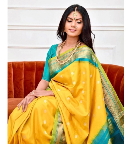 Generic Women's Soft Lichi Silk Printed Saree With Unstitched Blouse 5.5Mtr (Yellow)