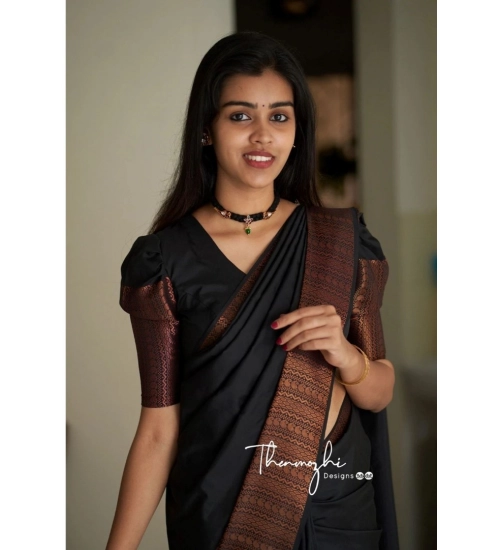 Generic Women's Soft Lichi Silk Solid Saree With Unstitched Blouse 5.5Mtr (Black)