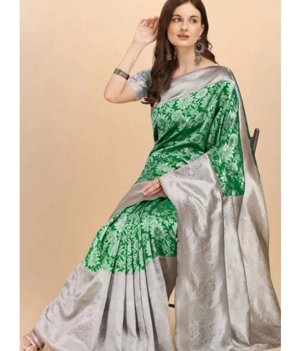 Generic Women's Soft Lichi Silk Printed Saree With Unstitched Blouse 5.5Mtr (Green)