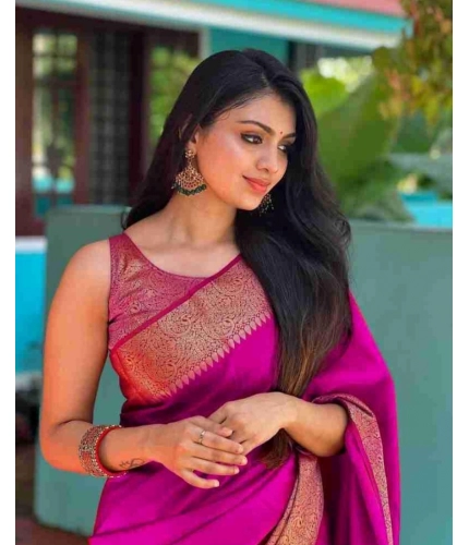 Generic Women's Soft Lichi Silk Solid Saree With Unstitched Blouse 5.5Mtr (Pink)