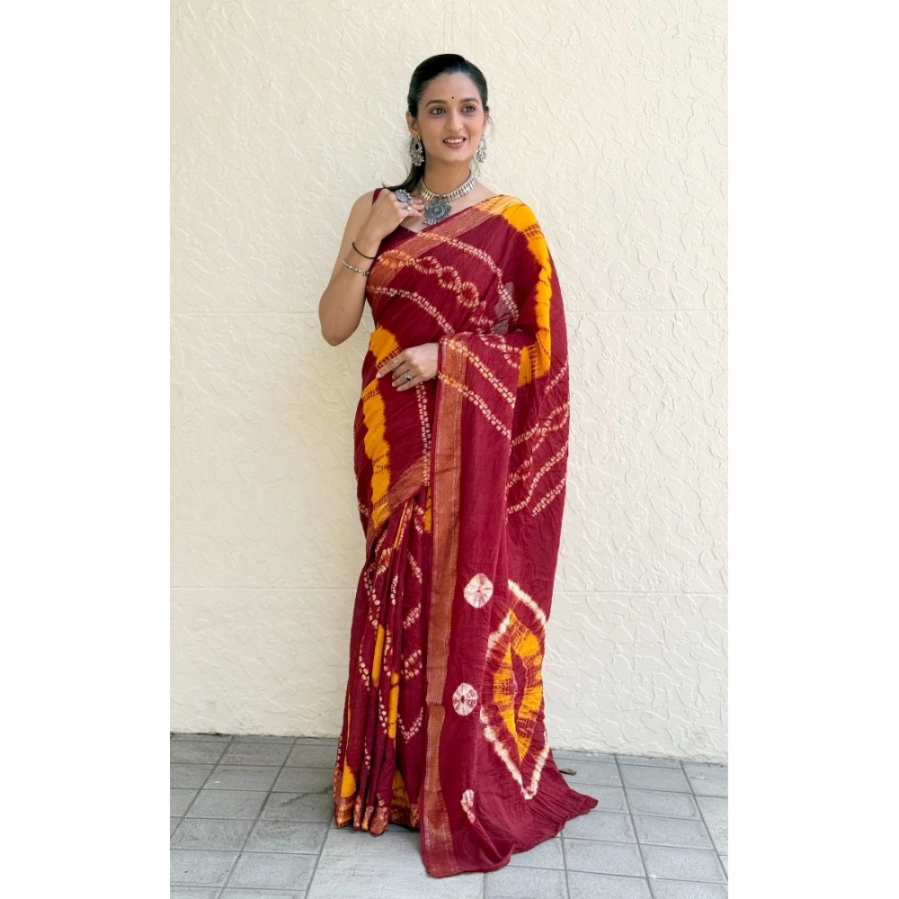 Generic Women's Cotton Shibori Printed Saree With Unstitched Blouse 5.5Mtr (Red)