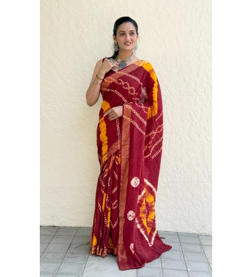 Generic Women's Cotton Shibori Printed Saree With Unstitched Blouse 5.5Mtr (Red)