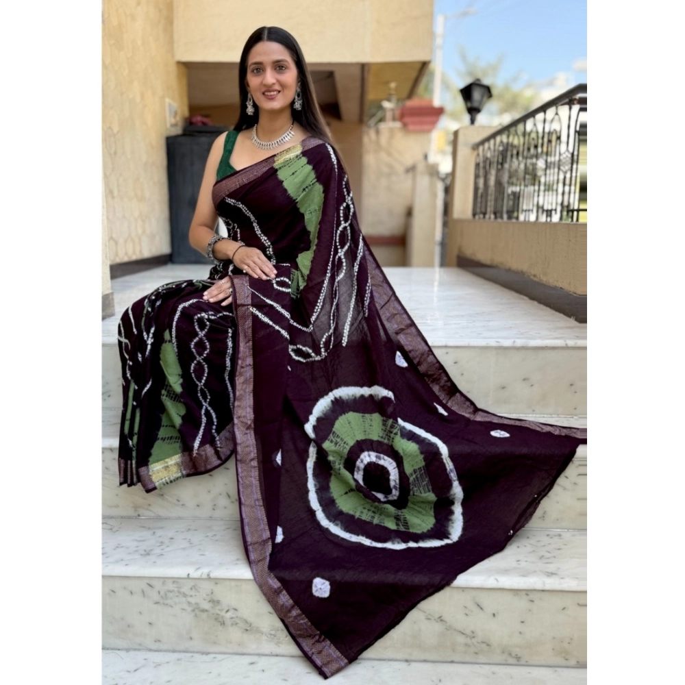 Generic Women's Cotton Shibori Printed Saree With Unstitched Blouse 5.5Mtr (Coffee)