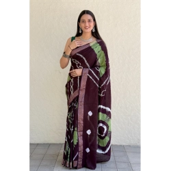 Generic Women's Cotton Shibori Printed Saree With Unstitched Blouse 5.5Mtr (Coffee)
