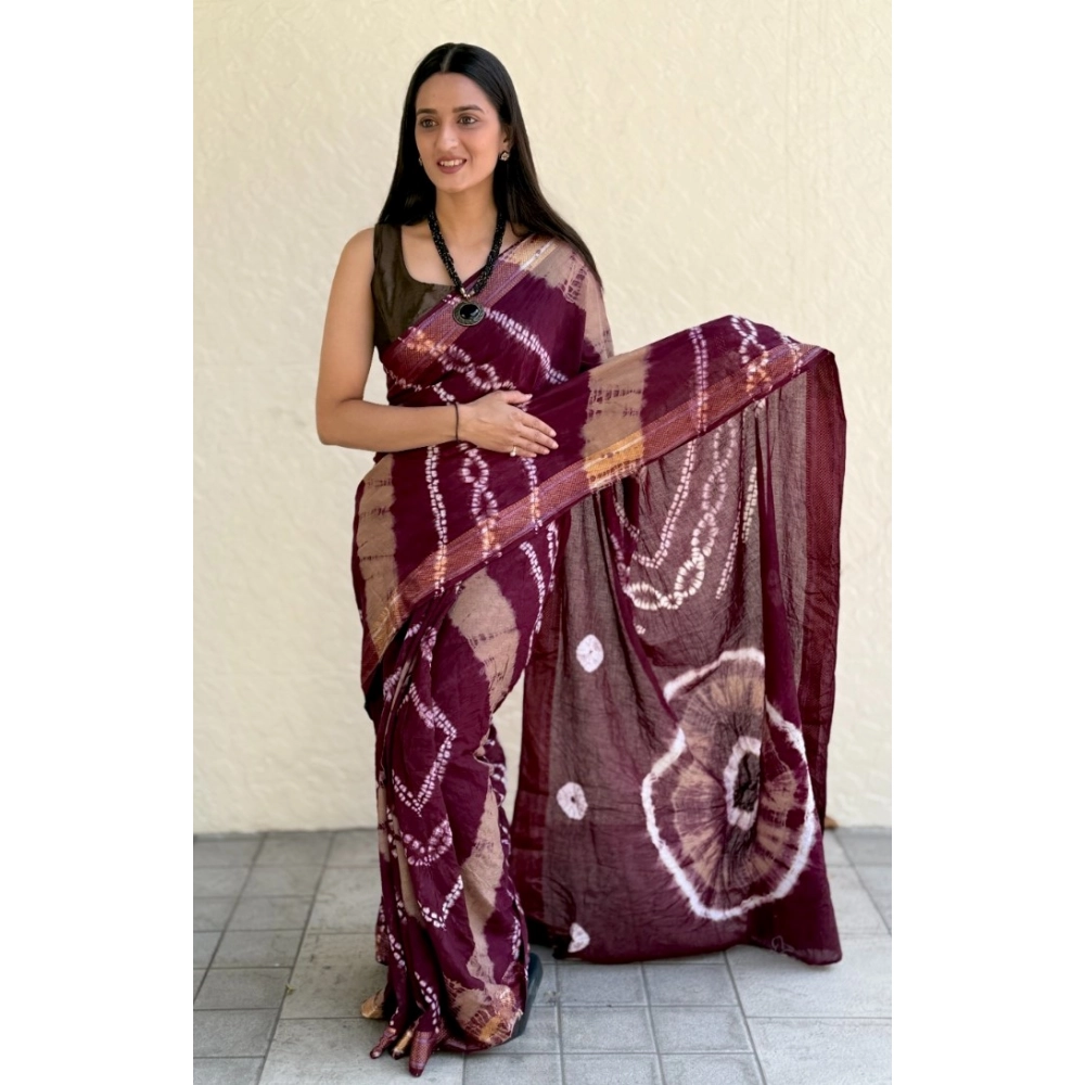 Generic Women's Cotton Shibori Printed Saree With Unstitched Blouse 5.5Mtr (Wine)