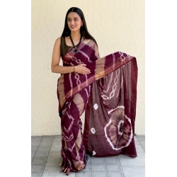 Generic Women's Cotton Shibori Printed Saree With Unstitched Blouse 5.5Mtr (Wine)