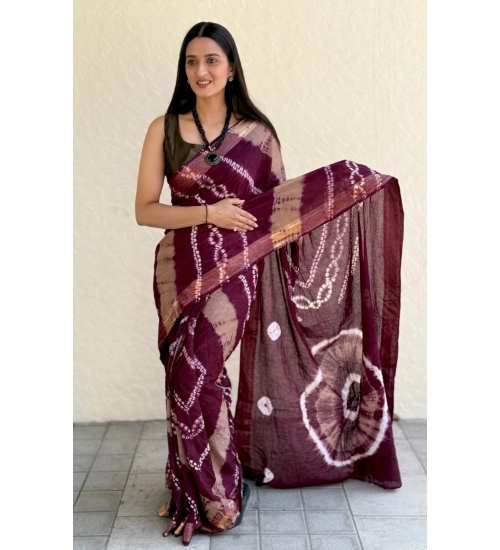 Generic Women's Cotton Shibori Printed Saree With Unstitched Blouse 5.5Mtr (Wine)