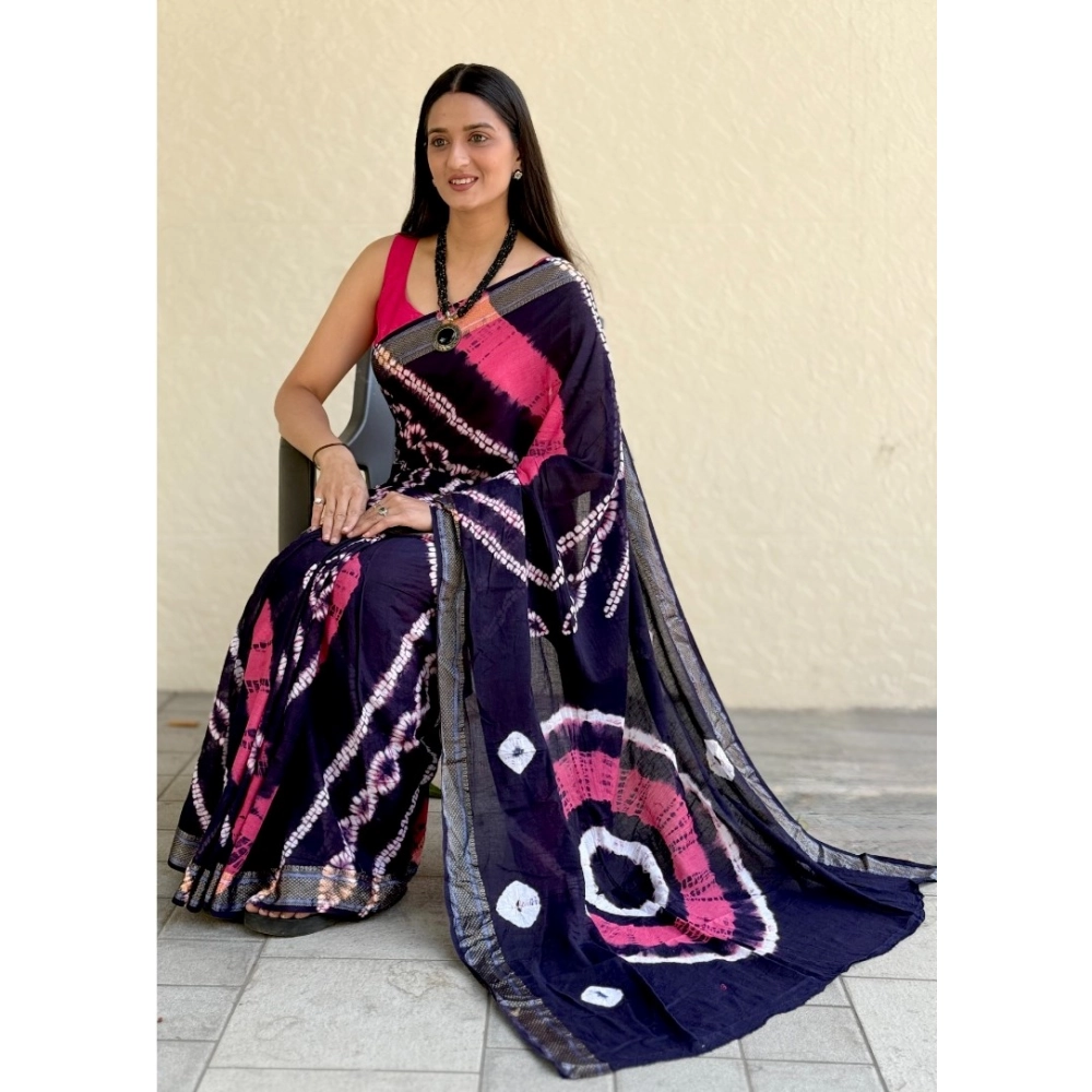Generic Women's Cotton Shibori Printed Saree With Unstitched Blouse 5.5Mtr (Blue)