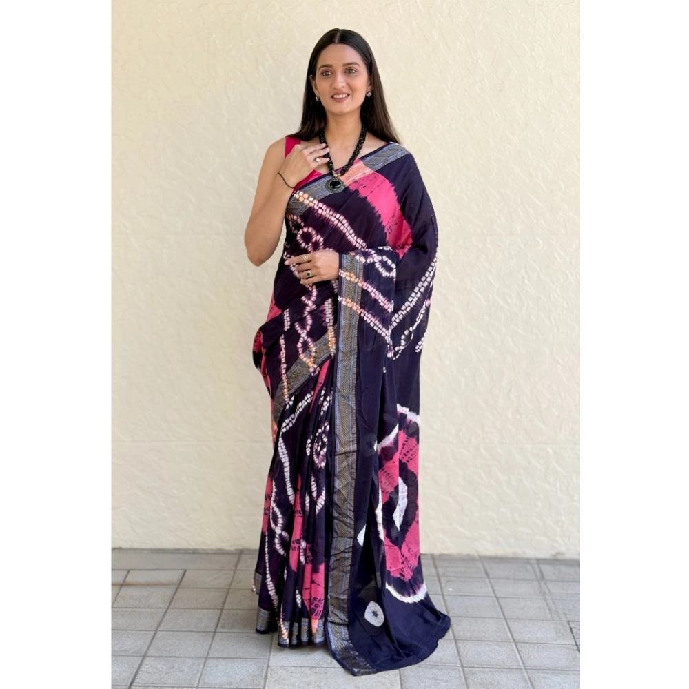 Generic Women's Cotton Shibori Printed Saree With Unstitched Blouse 5.5Mtr (Blue)