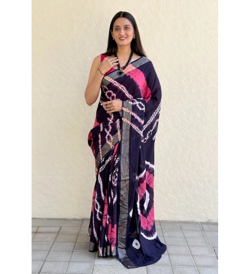 Generic Women's Cotton Shibori Printed Saree With Unstitched Blouse 5.5Mtr (Blue)