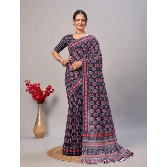 Generic Women's Cotton Ajrakh Printed Saree With Unstitched Blouse 5.5Mtr (Navy Blue) Generic Women's Cotton Ajrakh Printed Saree With Unstitched Blouse 5.5Mtr (Navy Blue)