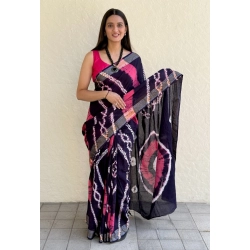 Generic Women's Cotton Shibori Printed Saree With Unstitched Blouse 5.5Mtr (Blue)