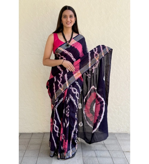 Generic Women's Cotton Shibori Printed Saree With Unstitched Blouse 5.5Mtr (Blue)