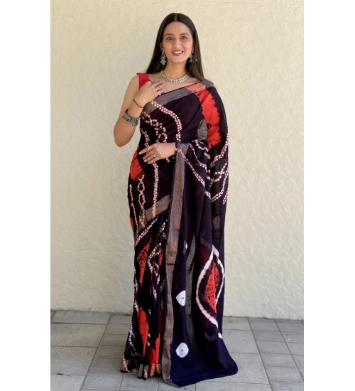 Generic Women's Cotton Shibori Printed Saree With Unstitched Blouse 5.5Mtr (Black)