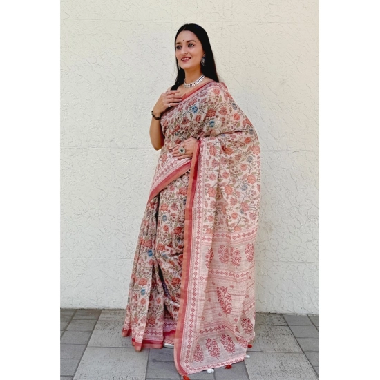 Generic Women's Cotton Slub Printed Saree With Unstitched Blouse 5.5Mtr (Red)