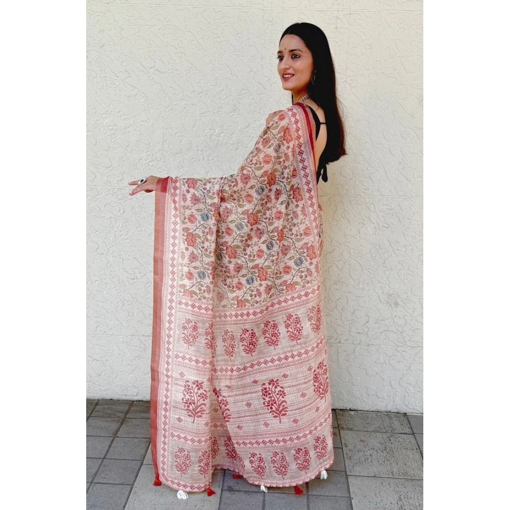 Generic Women's Cotton Slub Printed Saree With Unstitched Blouse 5.5Mtr (Red)