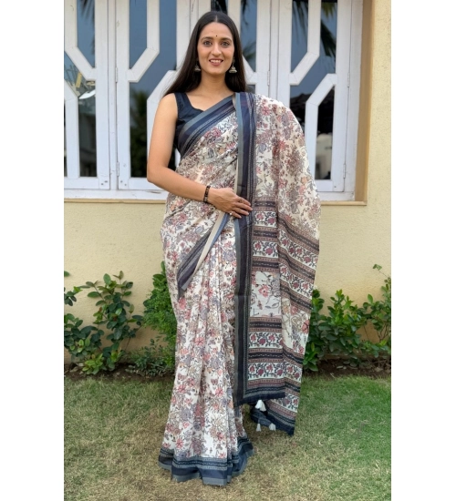 Generic Women's Cotton Slub Printed Saree With Unstitched Blouse 5.5Mtr (Grey)