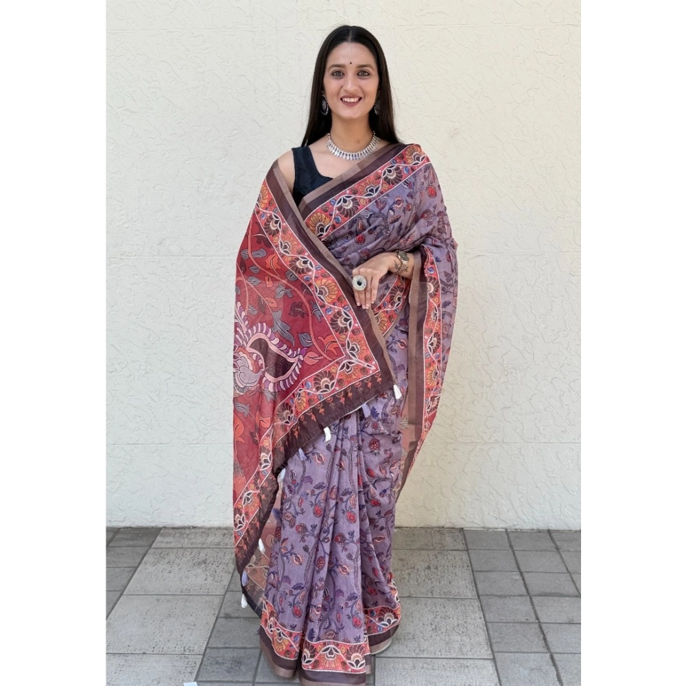 Generic Women's Cotton Slub Printed Saree With Unstitched Blouse 5.5Mtr (Purple)