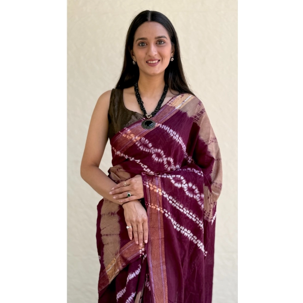 Generic Women's Cotton Shibori Printed Saree With Unstitched Blouse 5.5Mtr (Wine)