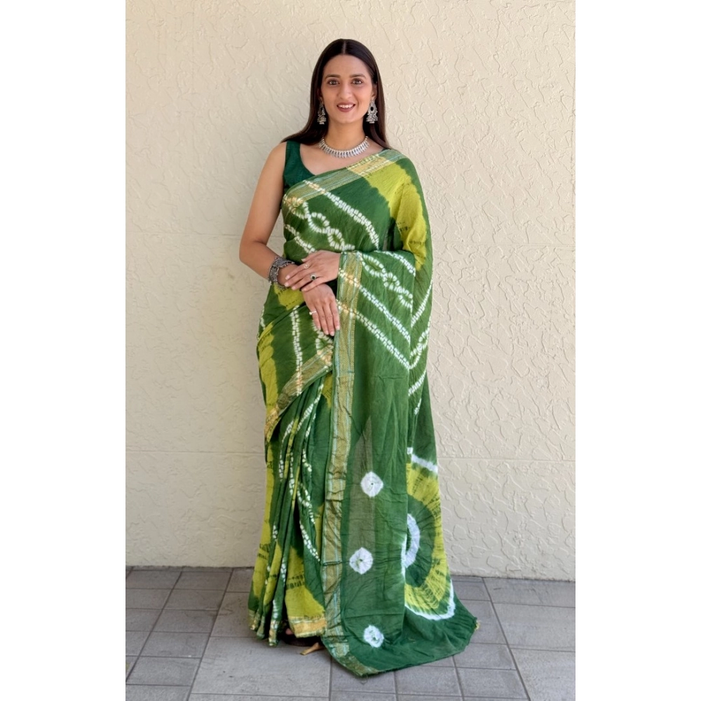 Generic Women's Cotton Shibori Printed Saree With Unstitched Blouse 5.5Mtr (Green)