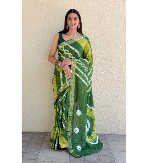 Generic Women's Cotton Shibori Printed Saree With Unstitched Blouse 5.5Mtr (Green)