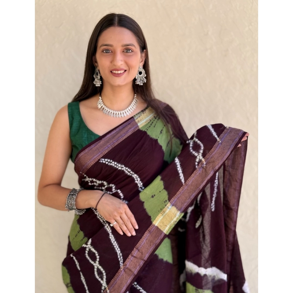 Generic Women's Cotton Shibori Printed Saree With Unstitched Blouse 5.5Mtr (Coffee)