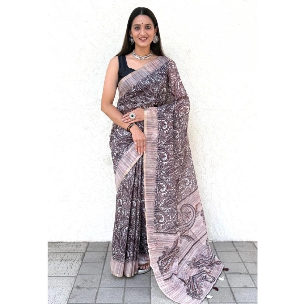 Generic Women's Cotton Slub Printed Saree With Unstitched Blouse 5.5Mtr (Blue)