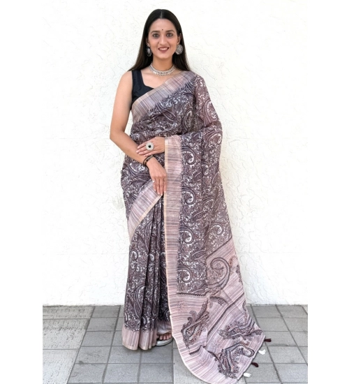 Generic Women's Cotton Slub Printed Saree With Unstitched Blouse 5.5Mtr (Blue)