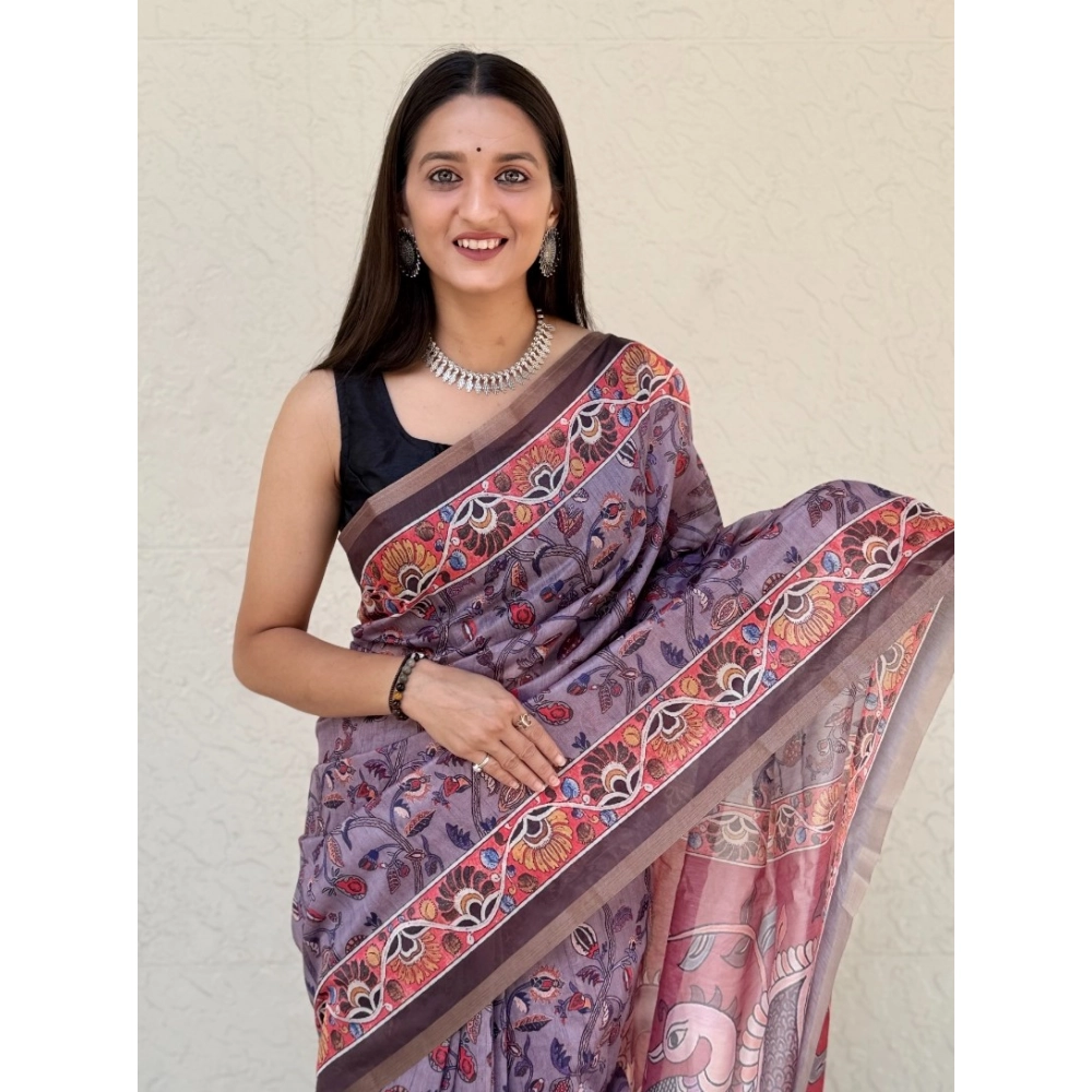 Generic Women's Cotton Slub Printed Saree With Unstitched Blouse 5.5Mtr (Purple)