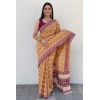 Generic Women's Cotton Ajrakh Printed Saree With Unstitched Blouse 5.5Mtr (Mustard)