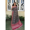 Generic Women's Cotton Ajrakh Printed Saree With Unstitched Blouse 5.5Mtr (Black)