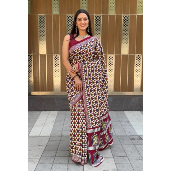 Generic Women's Cotton Ajrakh Printed Saree With Unstitched Blouse 5.5Mtr (Multicolor)