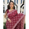 Generic Women's Cotton Ajrakh Printed Saree With Unstitched Blouse 5.5Mtr (Red)