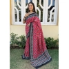 Generic Women's Cotton Ajrakh Printed Saree With Unstitched Blouse 5.5Mtr (Red)