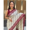 Generic Women's Cotton Ajrakh Printed Saree With Unstitched Blouse 5.5Mtr (White)