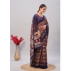 Generic Women's Cotton Ajrakh Printed Saree With Unstitched Blouse 5.5Mtr (Blue)