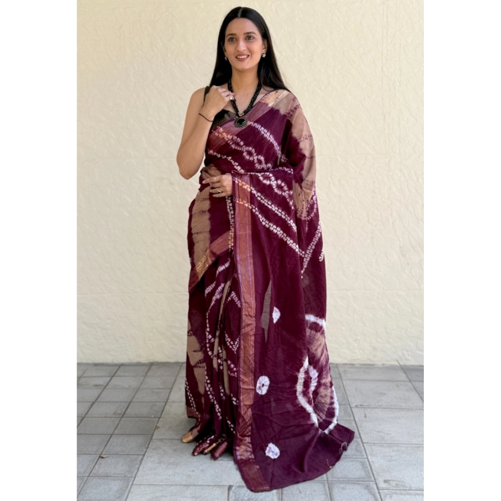 Generic Women's Cotton Shibori Printed Saree With Unstitched Blouse 5.5Mtr (Wine)