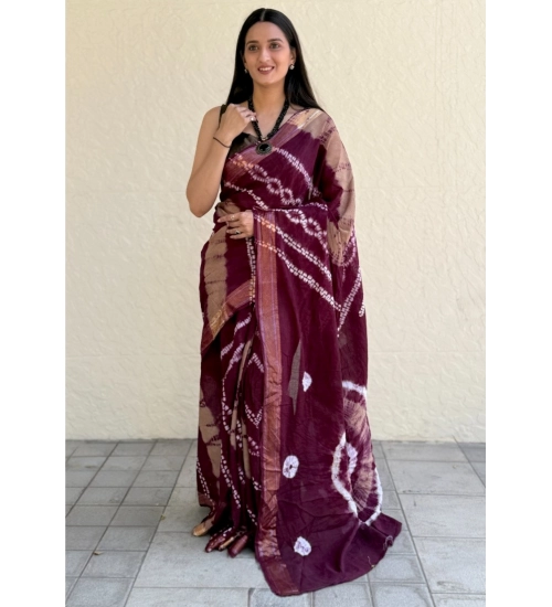 Generic Women's Cotton Shibori Printed Saree With Unstitched Blouse 5.5Mtr (Wine)