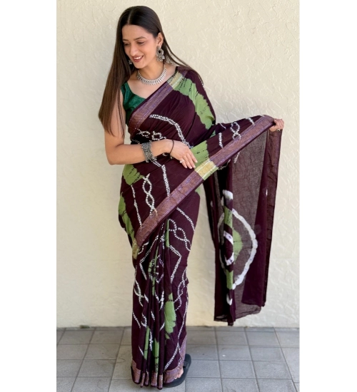 Generic Women's Cotton Shibori Printed Saree With Unstitched Blouse 5.5Mtr (Coffee)