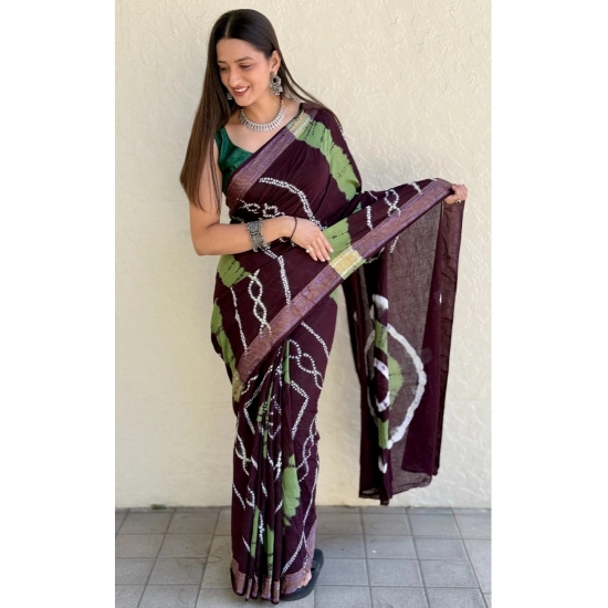 Generic Women's Cotton Shibori Printed Saree With Unstitched Blouse 5.5Mtr (Coffee)