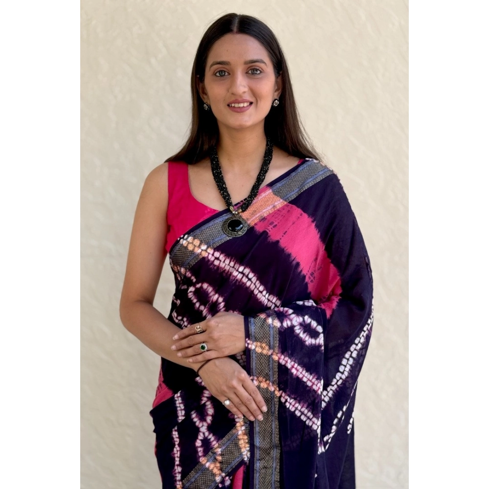 Generic Women's Cotton Shibori Printed Saree With Unstitched Blouse 5.5Mtr (Blue)