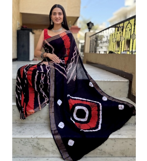 Generic Women's Cotton Shibori Printed Saree With Unstitched Blouse 5.5Mtr (Black)