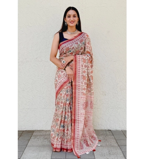 Generic Women's Cotton Slub Printed Saree With Unstitched Blouse 5.5Mtr (Red)