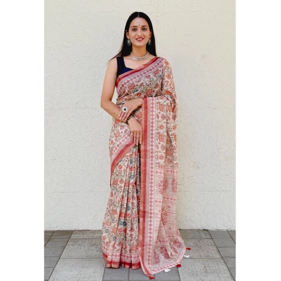 Generic Women's Cotton Slub Printed Saree With Unstitched Blouse 5.5Mtr (Red)