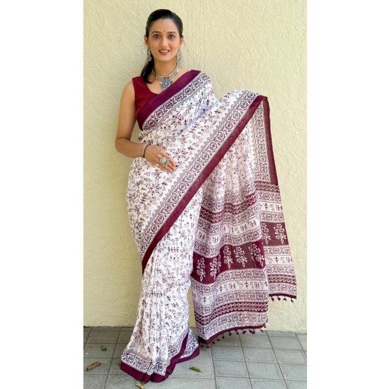 Generic Women's Bhagalpuri Silk Warli Printed Saree With Unstitched Blouse 5.5Mtr (Wine)